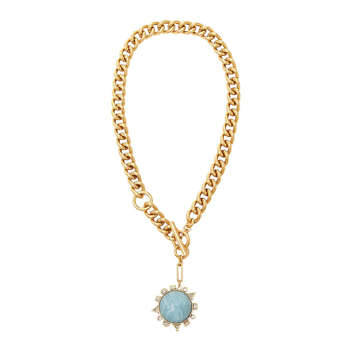 Mignonne Gavigan Odyssey necklace with a blue etched globe and reversible compass charm on a gold chain.