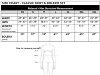 LadySplendorClothing Classic skirt and bolero set size chart showing measurements and fitting options.