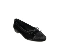 Close-up of Menina Step Amelie Black Velvet shoe showing the soft velvet texture and elegant design.