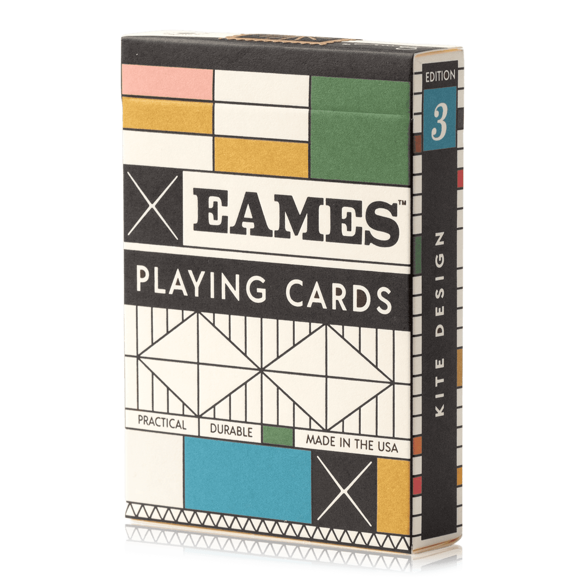 Eames "Kite" playing cards by Art of Play featuring colorful geometric Eames-inspired designs on the front of the deck