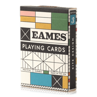 Eames "Kite" playing cards by Art of Play featuring colorful geometric Eames-inspired designs on the front of the deck
