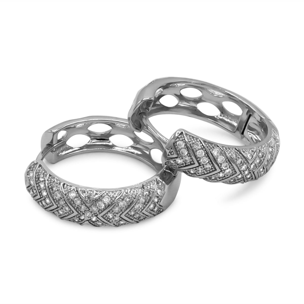 Stainless steel cubic zirconia huggie hoop earrings for women, hypoallergenic design by JB Jewelry BLVD, shown in earring image.