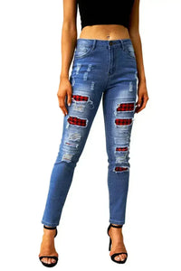 Fashion Blue Ripped Plaid Straight Legs Boyfriend Jeans
