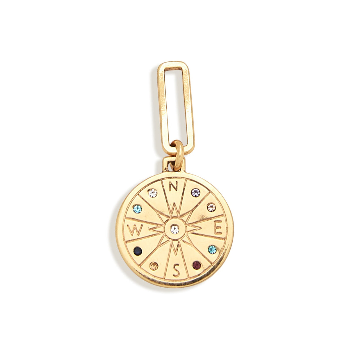 Gold Seeker Necklace by Mignonne Gavigan featuring a compass pendant with multicolored crystals on a delicate chain.