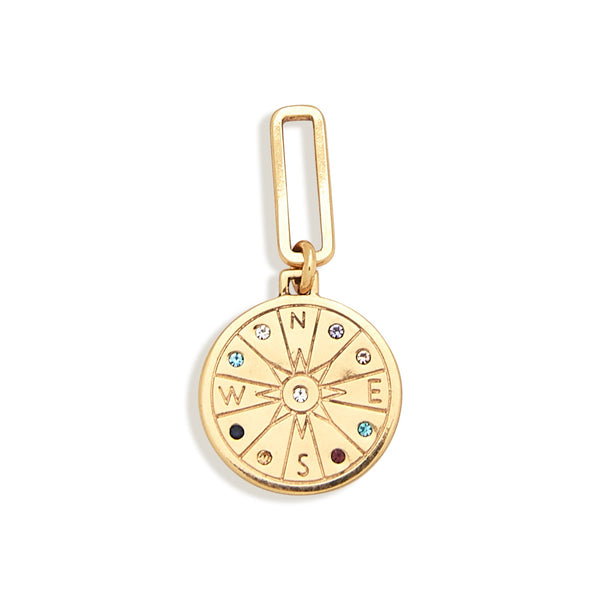 Gold Seeker Necklace by Mignonne Gavigan featuring a compass pendant with multicolored crystals on a delicate chain.