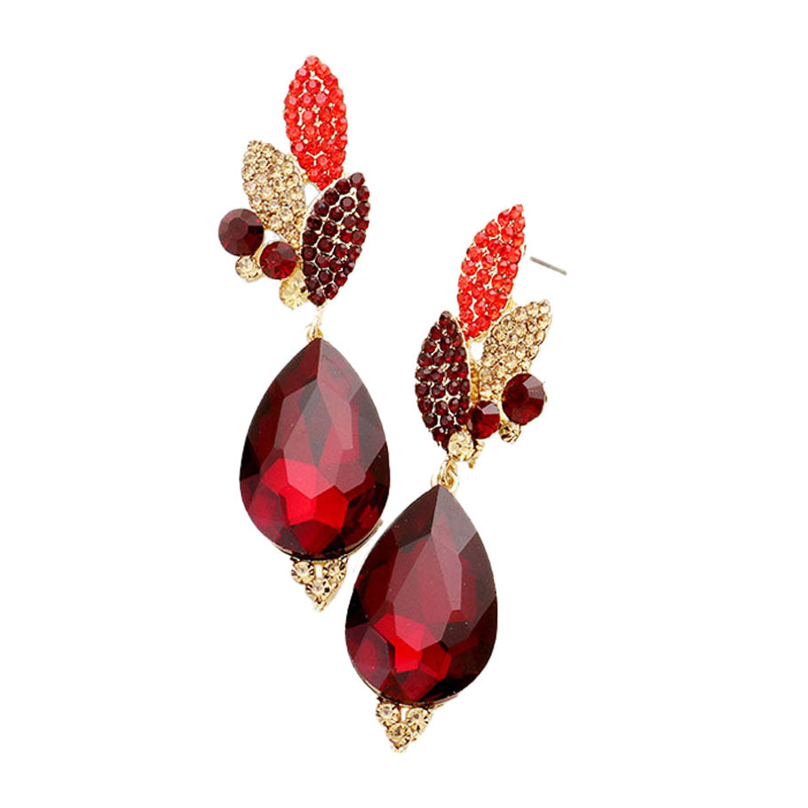 Crystal Rhinestone Pave Leaf Teardrop Evening Earrings