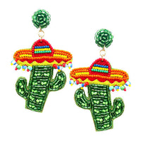 Felt Back Multi Beaded Hat Cactus Dangle Earrings
