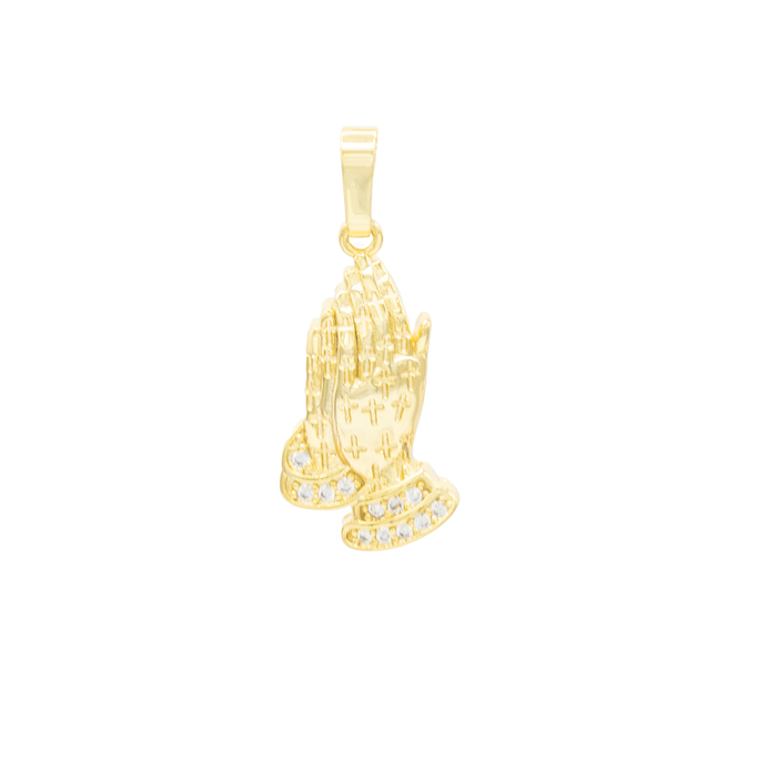 Folded praying hands pendant with cubic zirconia stones in 14K gold-filled jewelry for women by JB Jewelry BLVD