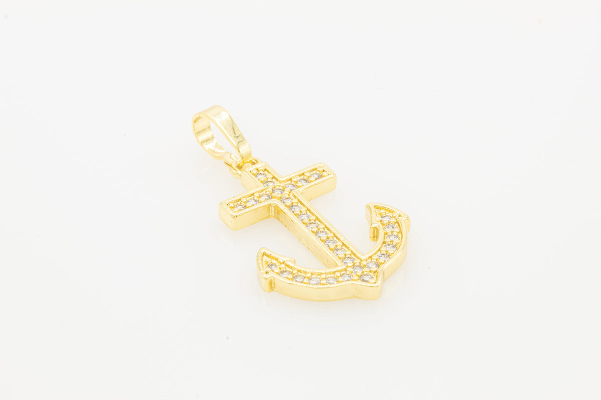 14K gold-filled anchor cross pendant with cubic zirconia, jewelry for men and women by JB Jewelry BLVD, shown in close-up image.