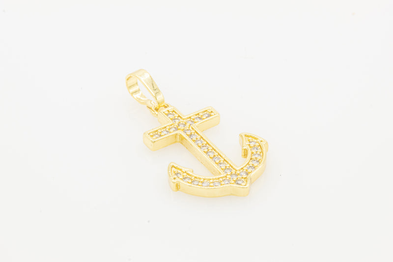 14K gold-filled anchor cross pendant with cubic zirconia, jewelry for men and women by JB Jewelry BLVD, shown in close-up image.