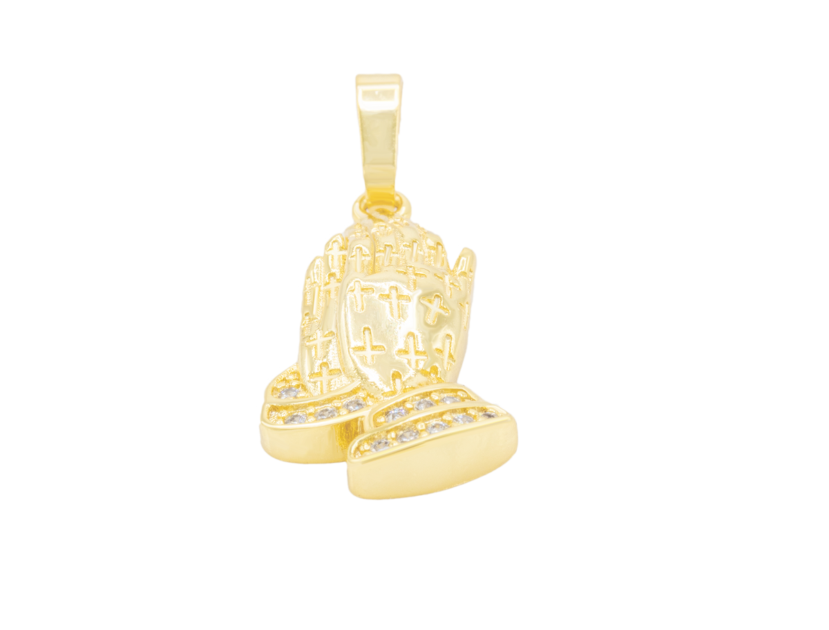 Folded praying hands pendant with cubic zirconia in 14K gold-filled jewelry, designed for women by JB Jewelry BLVD.
