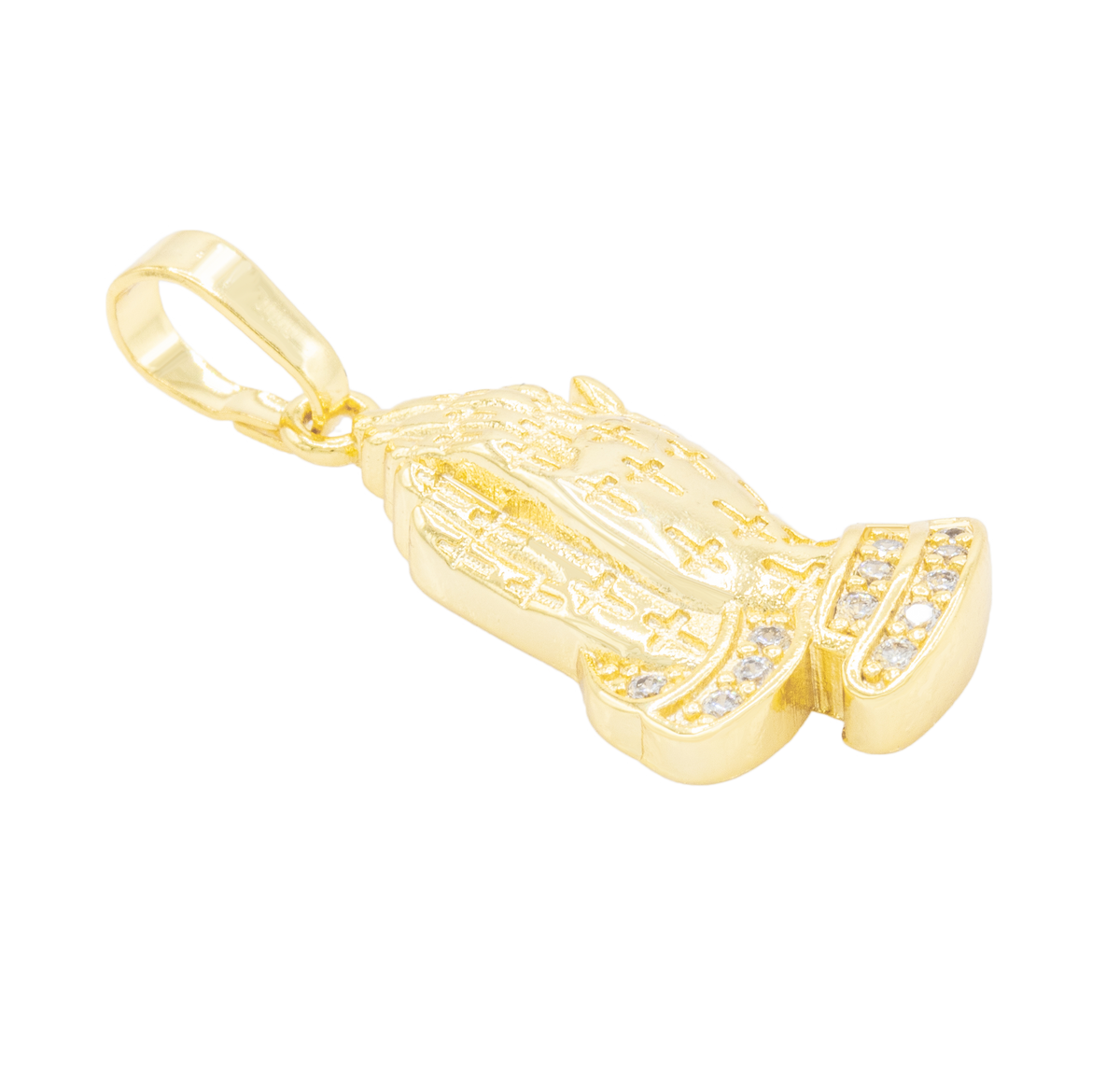 Folded praying hands pendant with cubic zirconia accents in 14K gold-filled jewelry, designed for women.