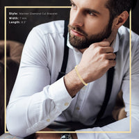 Mariner diamond-cut 14K gold-filled bracelet with 7mm links and lobster claw clasp, styled on a model for men.