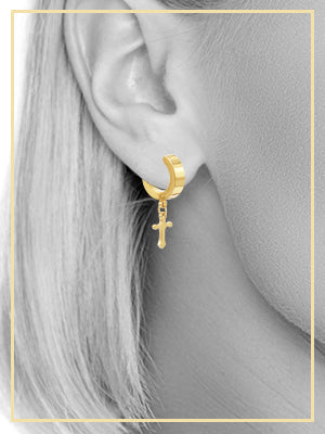 14K gold-plated silver cross pendant huggie hoops earrings with black accents from JB Jewelry BLVD.