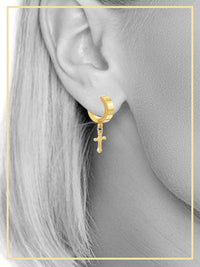 14K gold-plated silver cross pendant huggie hoops earrings with black accents from JB Jewelry BLVD.