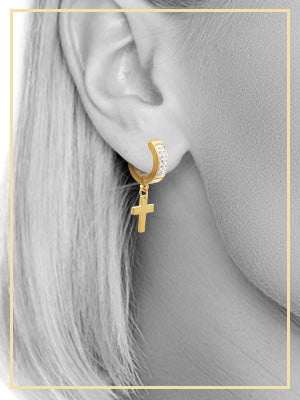 14K gold-plated silver cubic zirconia cross pendant huggie hoops earrings featuring black accents, stylish jewelry by JB Jewelry BLVD.