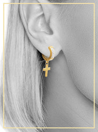 14K gold-plated silver cubic zirconia cross pendant huggie hoops earrings featuring black accents, stylish jewelry by JB Jewelry BLVD.
