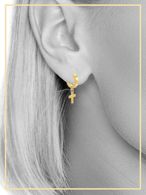 Black 14K gold plated silver cross pendant huggie hoops earrings with detailed design by JB Jewelry BLVD