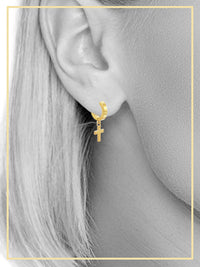 Black 14K gold plated silver cross pendant huggie hoops earrings with detailed design by JB Jewelry BLVD