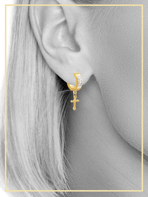 Black cubic zirconia cross pendant huggie hoops in 14K gold-plated silver, stylish jewelry by JB Jewelry BLVD