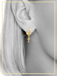 Black cubic zirconia cross pendant huggie hoops in 14K gold-plated silver, stylish jewelry by JB Jewelry BLVD