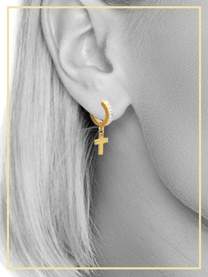 14K gold-plated silver cross pendant huggie hoops with cubic zirconia stones, black earrings featuring stylish jewelry design.