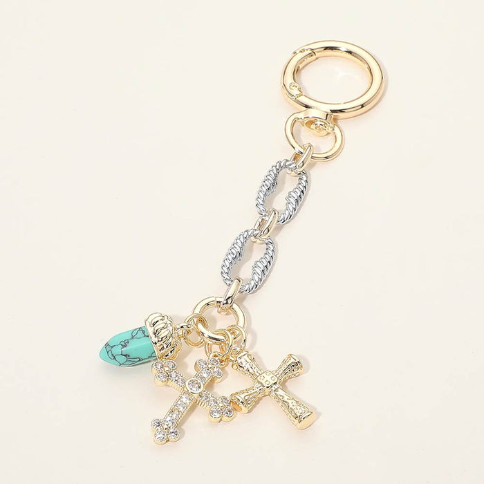 14K Gold Plated Two Tone CZ Stone Paved Double Cross Stone Charm Drop Bag Charm Keychain