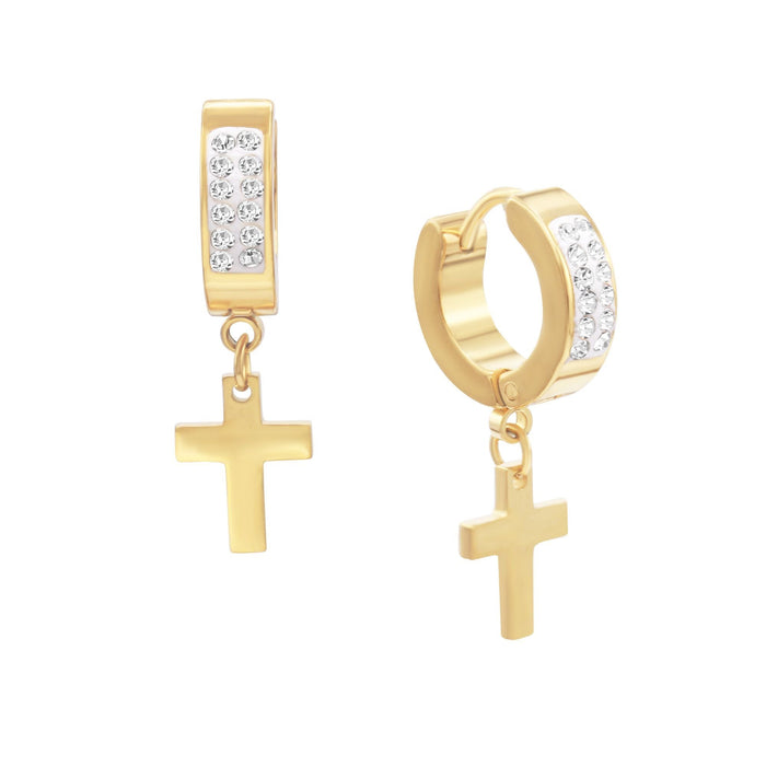 Black cubic zirconia cross pendant huggie hoops earrings in 14K gold-plated silver, featuring a stylish and elegant design.
