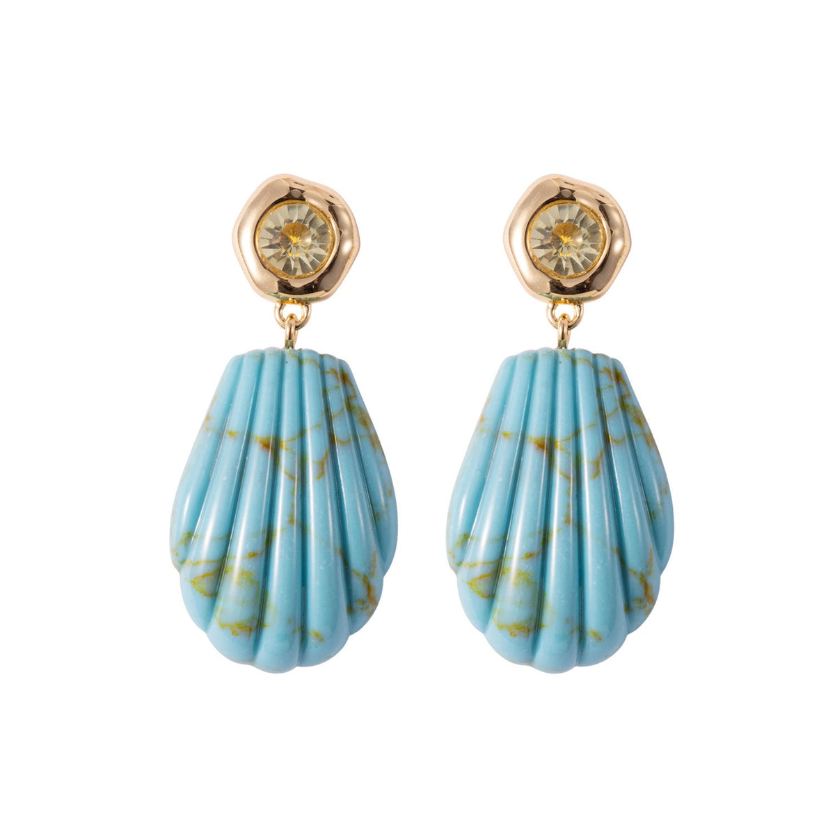 Mignonne Gavigan Natalia drop earrings with gold-tone design and intricate detailing, hanging gracefully from ear lobes.