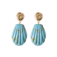 Mignonne Gavigan Natalia drop earrings with gold-tone design and intricate detailing, hanging gracefully from ear lobes.