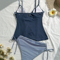 Tankini Swimwear for Women with Ruffled Two Tone Shoulder Straps and Tie Closure Bathing Suit