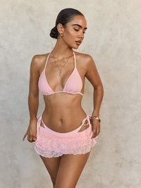 Lace Mesh Skirt Cover Up Strappy Halter Three Piece Bikini