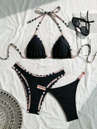 Plaid Trim Black Bikini Three Piece Swimsuit Separate Set Bikini Swimsuit Three Piece
