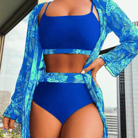 Maple Leaf Print Long Sleeve Patchwork Bikini Three Piece Separate Swimsuit for Women