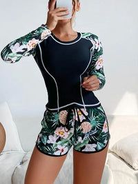 Women's Sun Protection Diving Suit Printed Boxer Long Sleeve Swimsuit UV Protection Swimwear