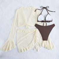 Long Sleeve Cover Up Triangle Apron Four Piece Bikini Lace Swimsuit Women's Swimwear Set