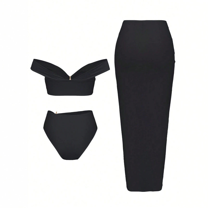 Starfish Three Piece Split Swimsuit Women's Bikini with Long Skirt