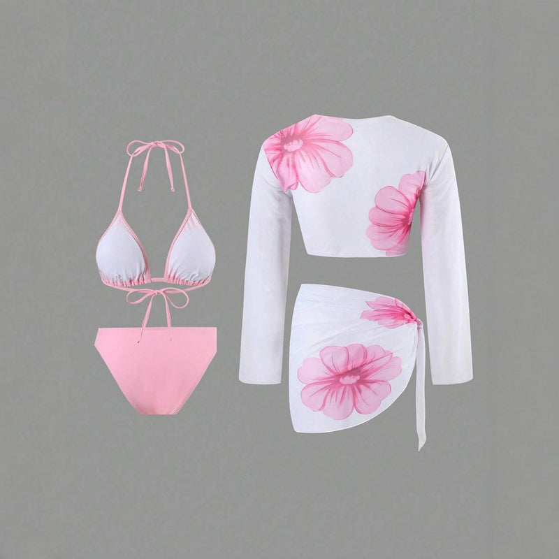 Long Sleeve Apron Women's Swimsuit Printed Bikini 4