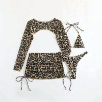 Leopard Print Lace up Sexy Bikini Separated Four piece Swimsuit Long Sleeve Sun Protection Skirted Swimwear