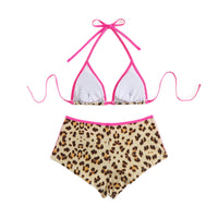 Women's Contrast Color Sling Leopard Print Bikini High Waist Shorts Swimsuit Set for Beachwear