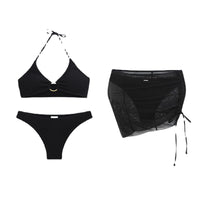 Women's Two-Piece Swimsuit Slim Solid Color Sexy Bikini Halter Three-Piece Set
