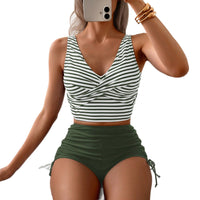 Women's Quick Dry Tight Cross Back Tank High Waist Drawstring Boxer Briefs Two Piece Swimsuit Bikini
