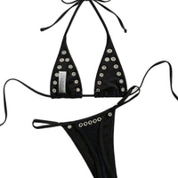 Ins Niche French Style Sexy Metal Ring Pure Desire Halterneck Retro Girl Bikini Swimsuit Set