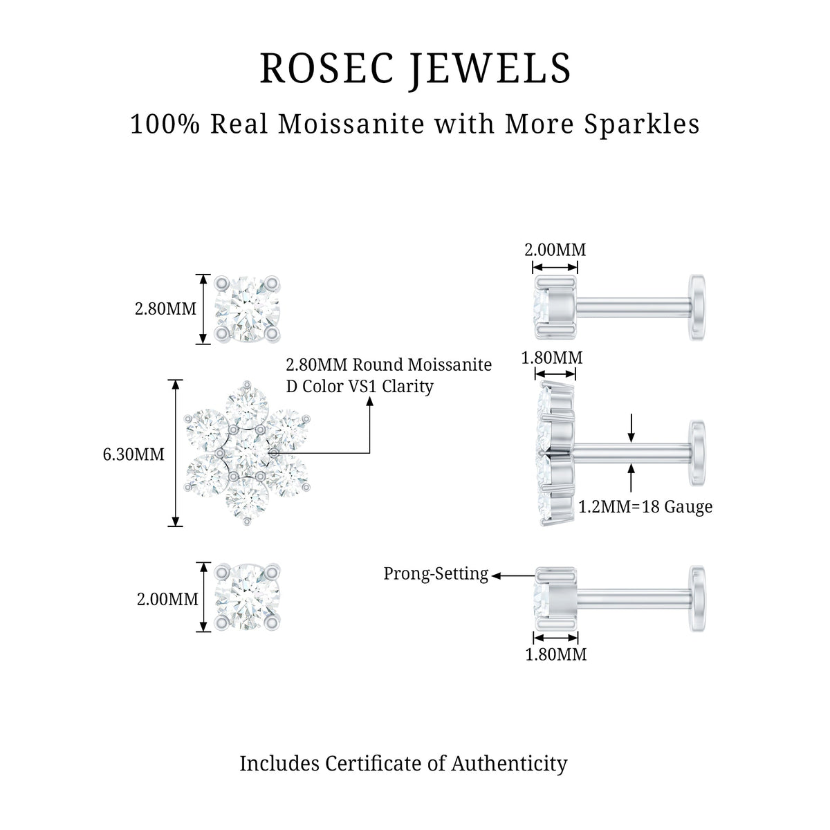 Moissanite Flower Triple Earrings Set for Cartilage Piercing