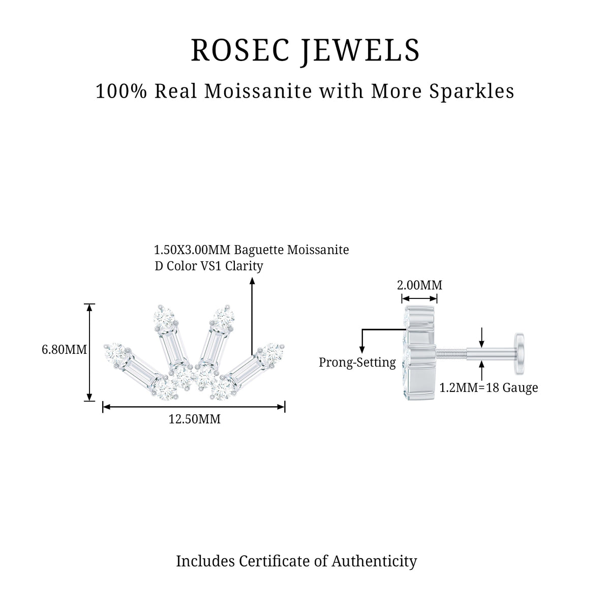 Baguette Moissanite Curved Cartilage Earring