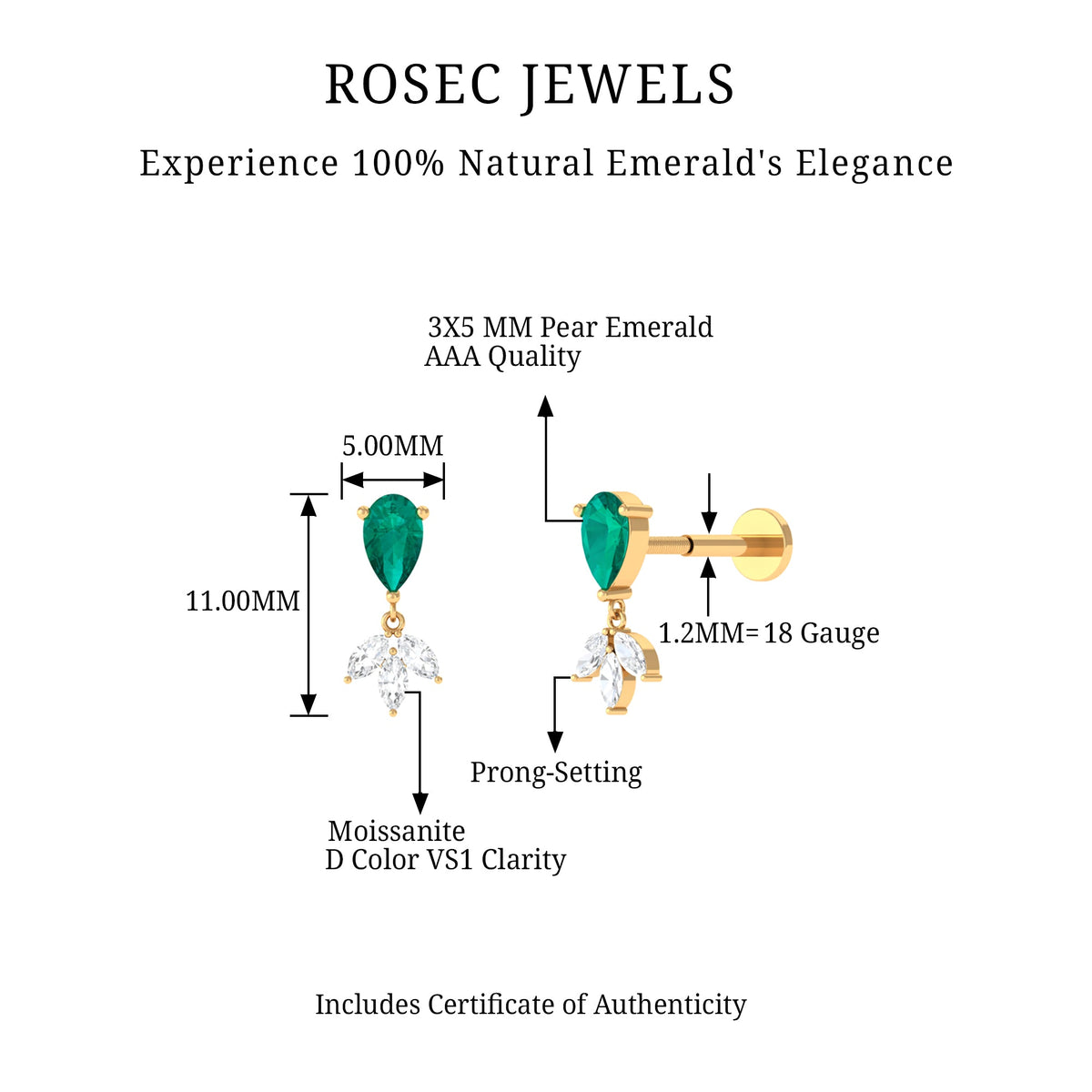 Certified Emerald and Diamond Drop Earring for Helix Piercing