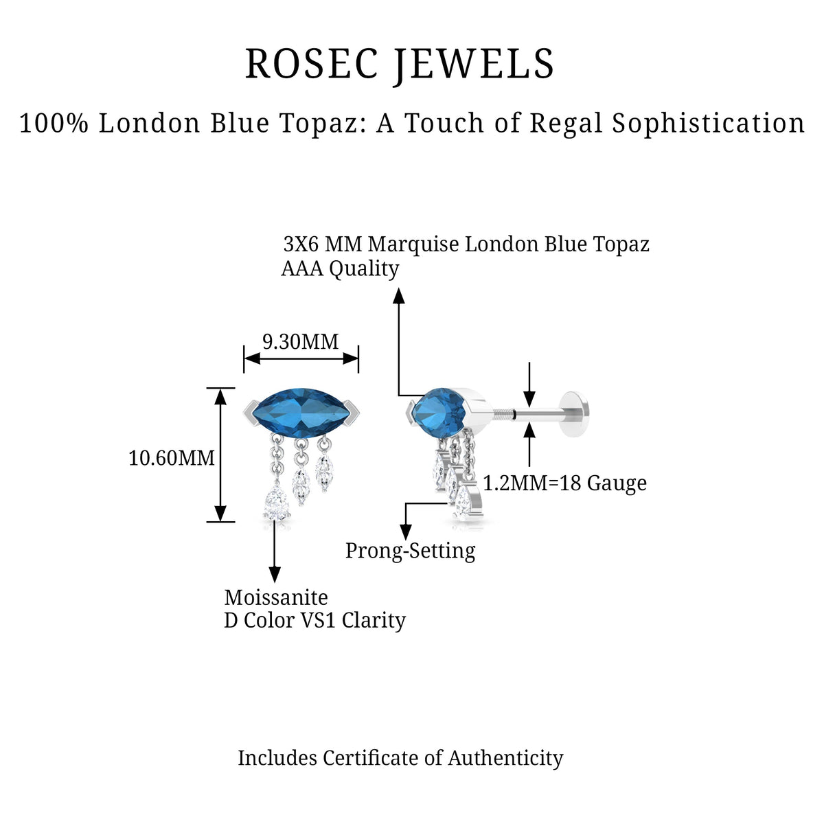 London Blue Topaz Cartilage Earring with Dangling Moissanite