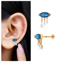 London Blue Topaz Cartilage Earring with Dangling Moissanite