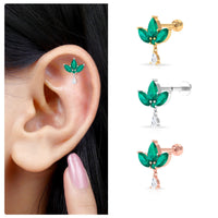 Created Emerald Flower Earring with Teardrop Moissanite