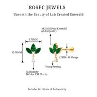Created Emerald Flower Earring with Teardrop Moissanite